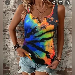 Orange Mixed Tie Dye Notched Neck Tank Top